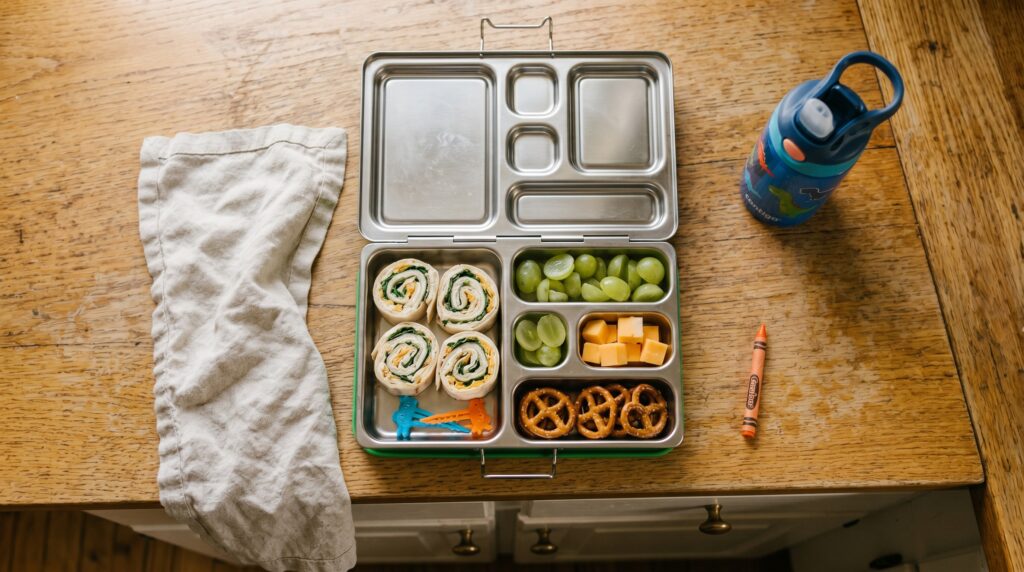 Picky eater lunch ideas in a kindergarten bento box with pinwheel rolls, halved grapes, cubed cheese, and pretzels on a wooden table
